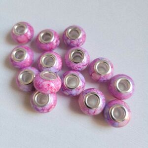 NWT 16 Hot Pink Silver Watercolor Large Hole European Charm Beads Jewelry Making